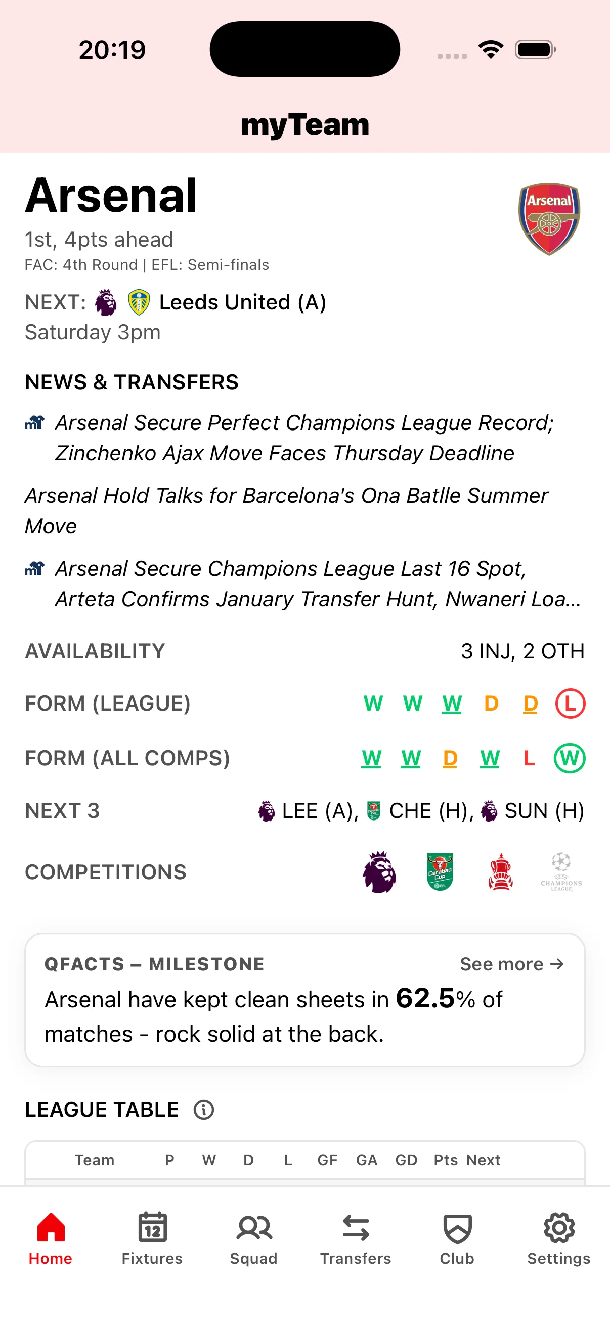 myTeam app Arsenal home screen with live scores, upcoming fixtures, squad news, and transfer updates