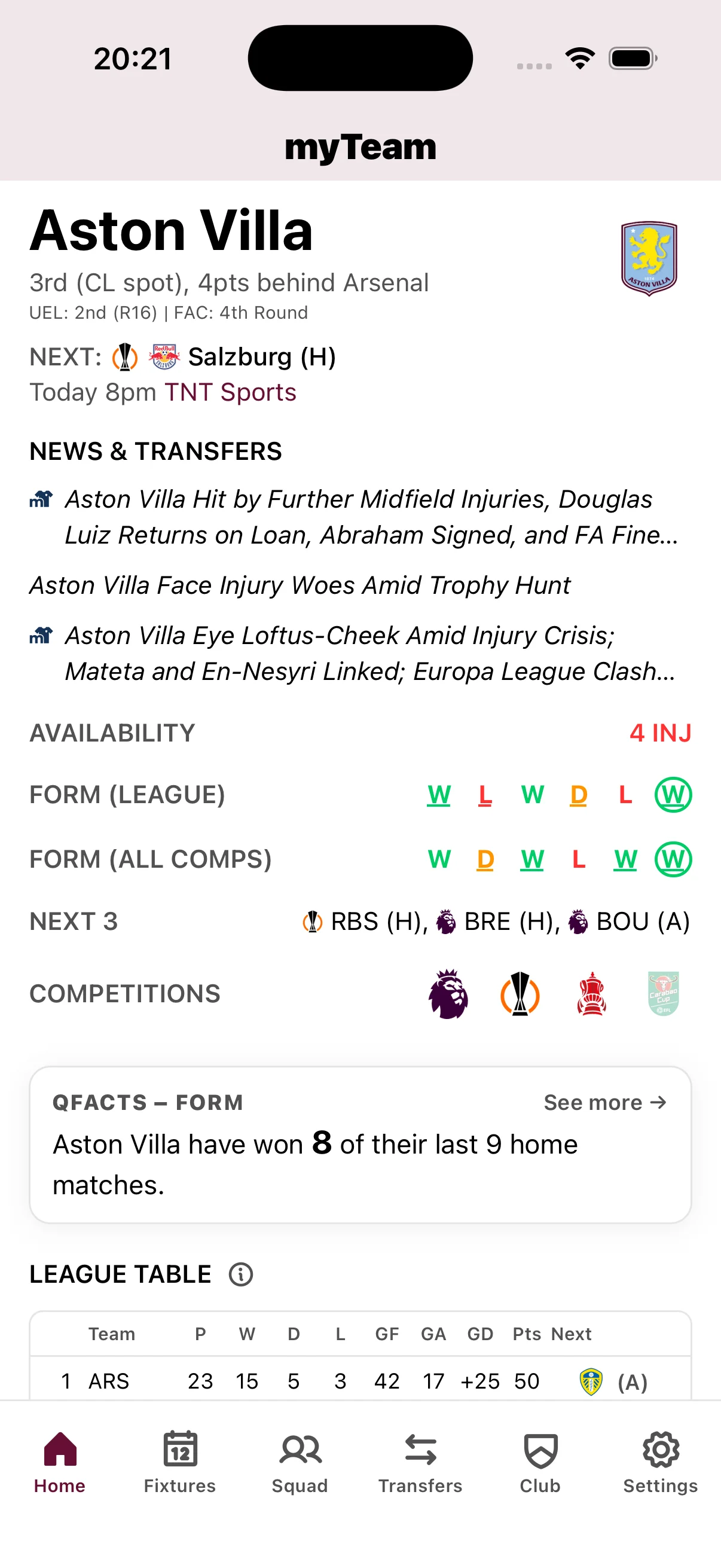 myTeam app Aston Villa home screen with live scores, upcoming fixtures, squad news, and transfer updates