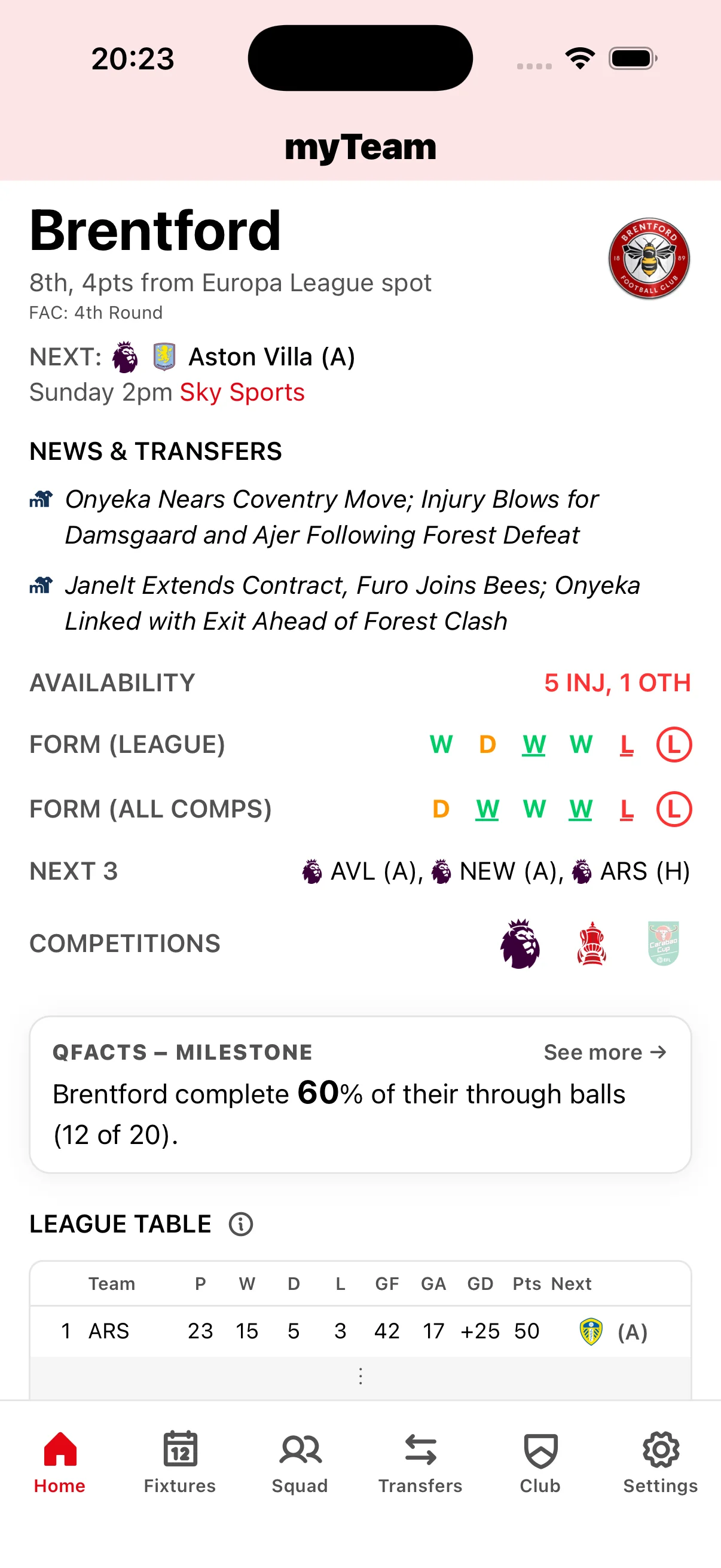 myTeam app Brentford home screen with live scores, upcoming fixtures, squad news, and transfer updates