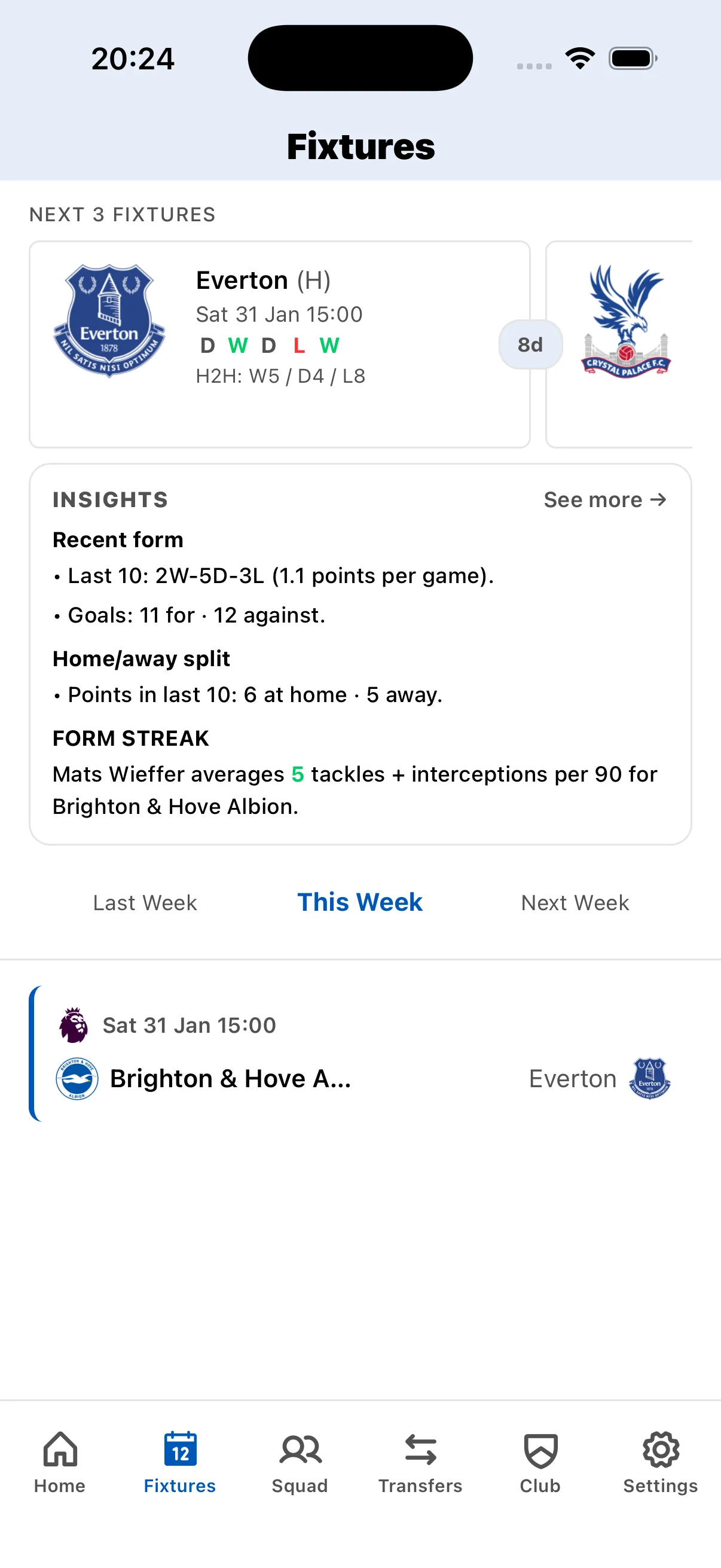 Brighton & Hove Albion fixture calendar showing Premier League matches, kickoff times, and TV broadcast schedules
