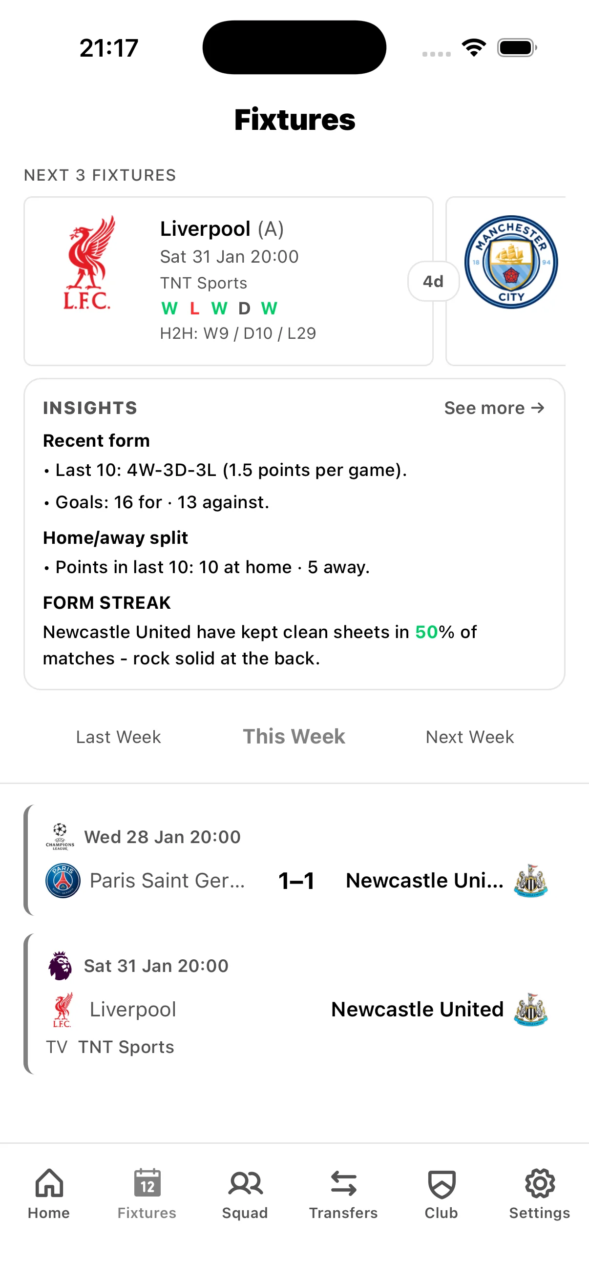 Newcastle United fixture calendar showing Premier League matches, kickoff times, and TV broadcast schedules