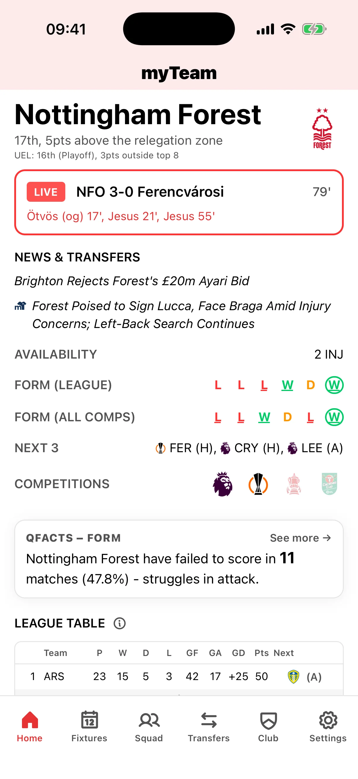 myTeam app Nottingham Forest home screen with live scores, upcoming fixtures, squad news, and transfer updates