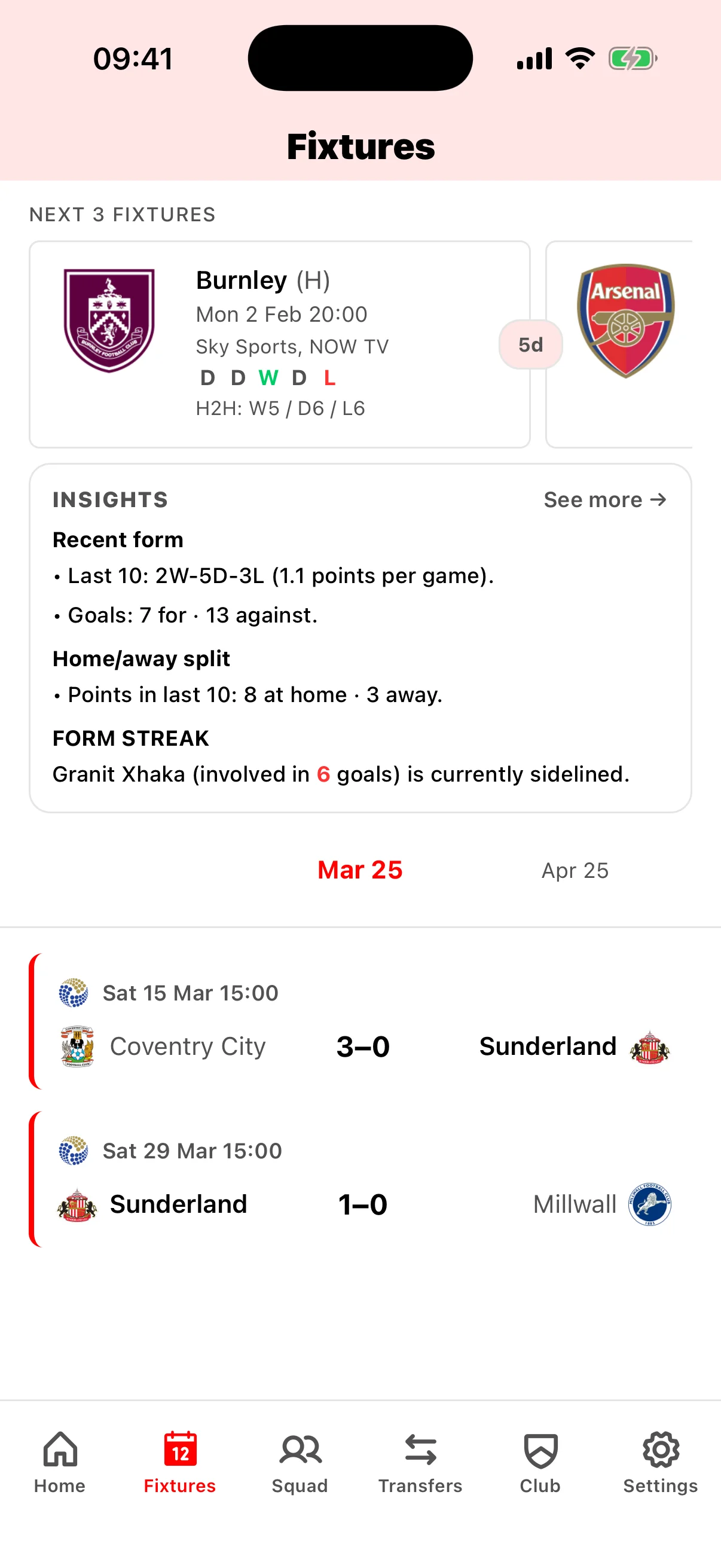 Sunderland fixture calendar showing Premier League matches, kickoff times, and TV broadcast schedules