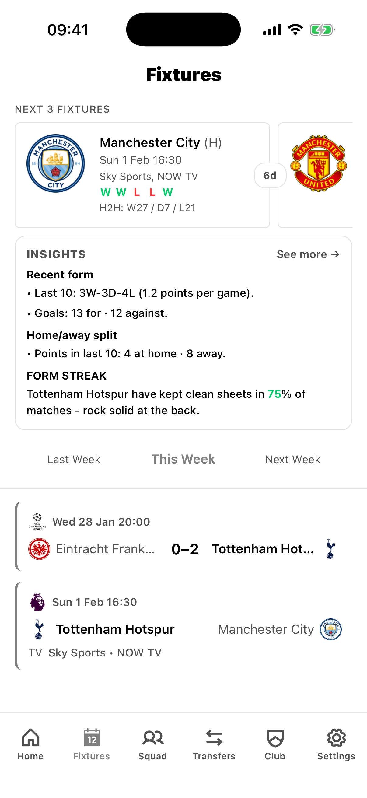 Tottenham Hotspur fixture calendar showing Premier League matches, kickoff times, and TV broadcast schedules
