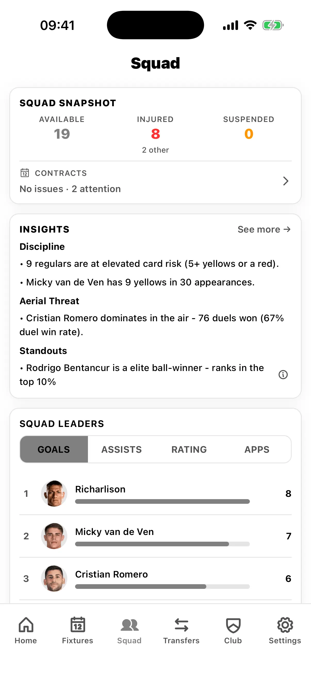 Tottenham Hotspur team and player statistics including performance data, goals, assists, and match analytics