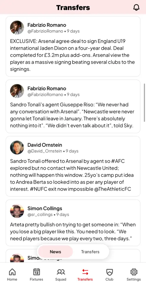 Transfer window activity showing completed signings, rumours from tier 1 journalists, and contract extensions